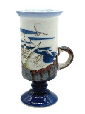 Vtg Otagiri Irish Coffee Footed Mug Light House Seagull Sea Scape 6oz 5.5"H